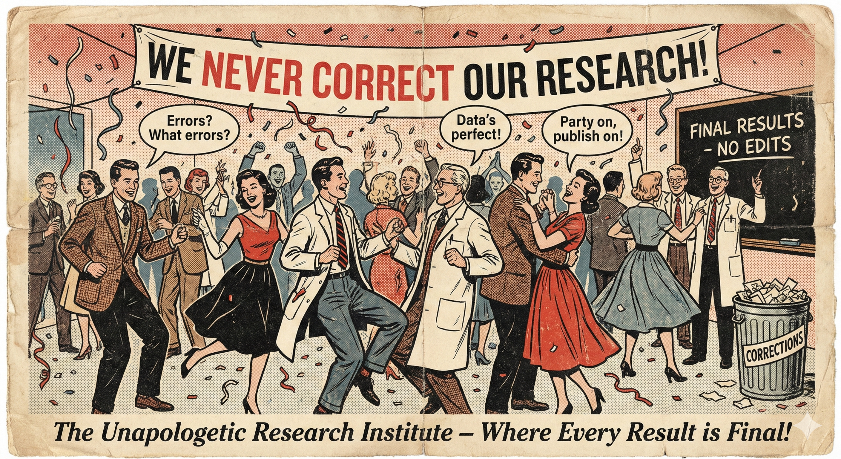 1950s party with banner 'WE NEVER CORRECT OUR RESEARCH!'
