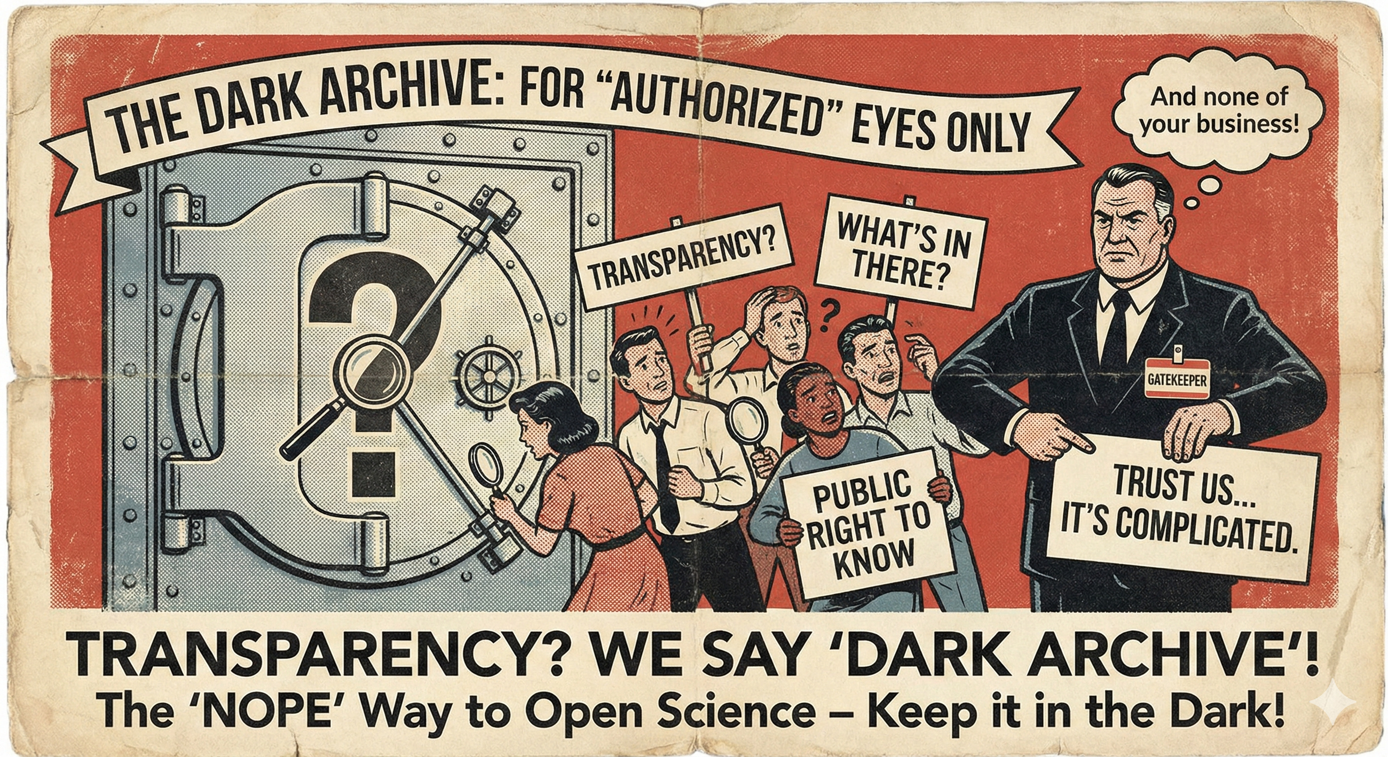 People demanding transparency outside the dark archive vault