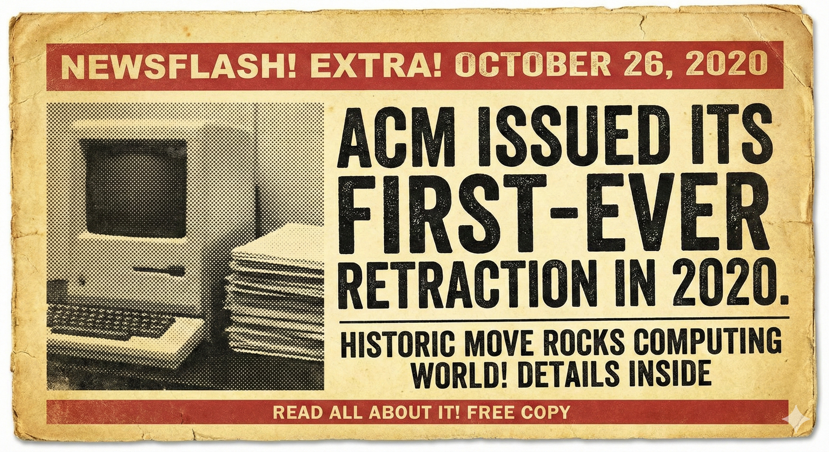 Retro newspaper headline 'ACM ISSUED ITS FIRST-EVER RETRACTION IN 2020'