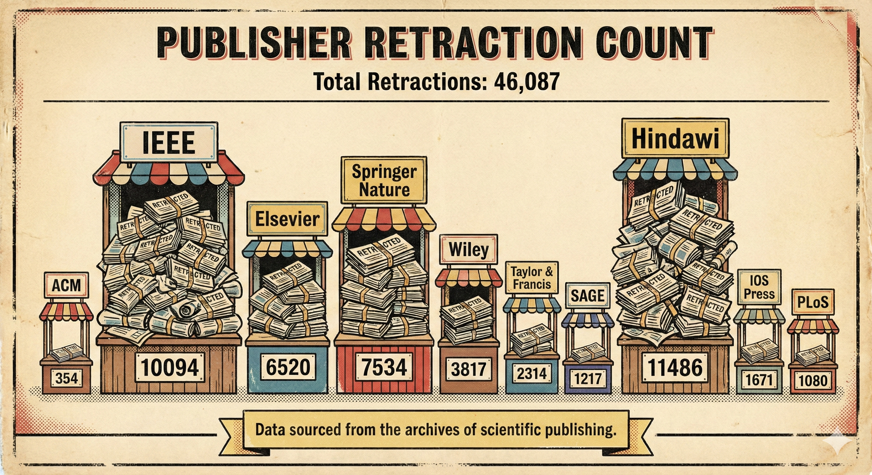 Infographic showing piles of retractions by publisher